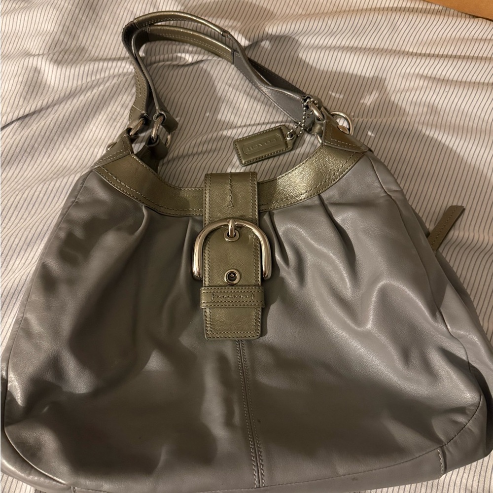Coach Gray Leather Shoulder Hobo with Buckle Detail